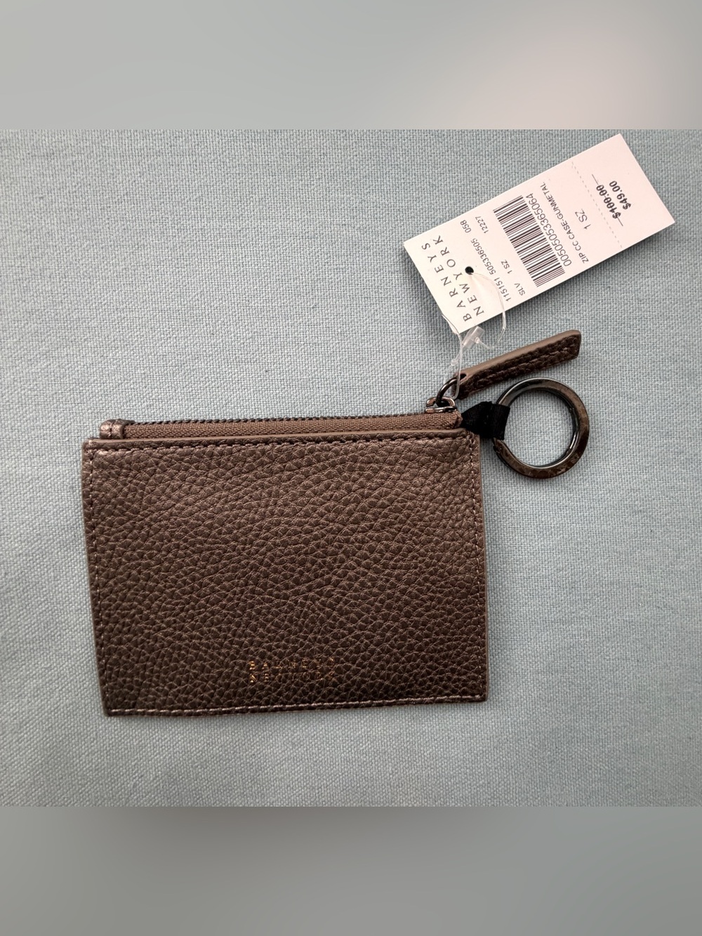 Barneys New York Metallic Bronze silver Pebble Leather Card Sleeve